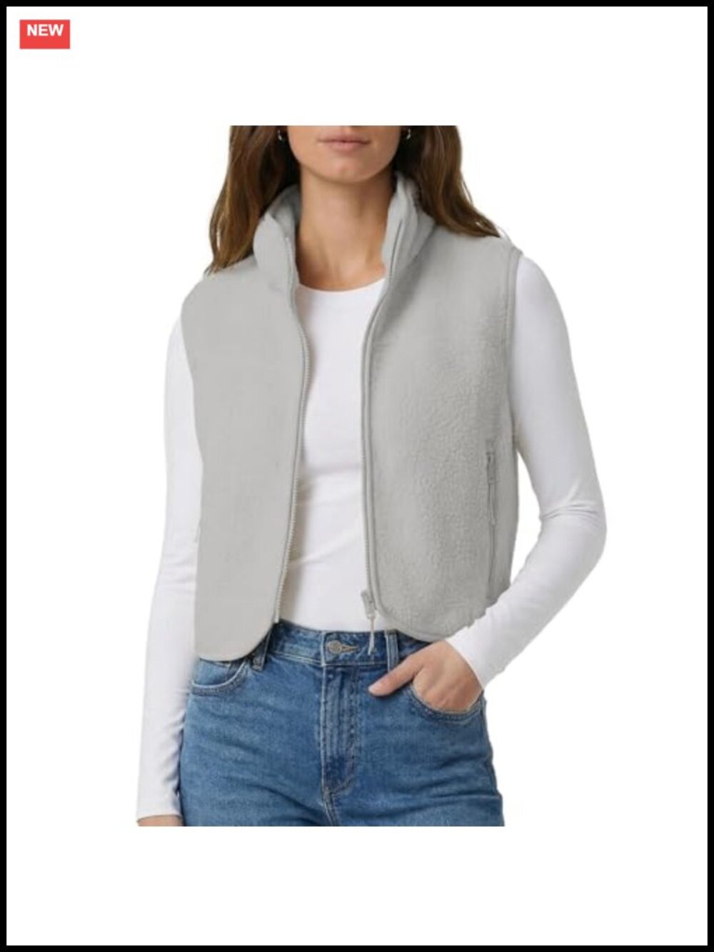 Sherpa Fleece Cropped Vest Sleeveless Zip Up Mock Neck Waistcoat with Pockets